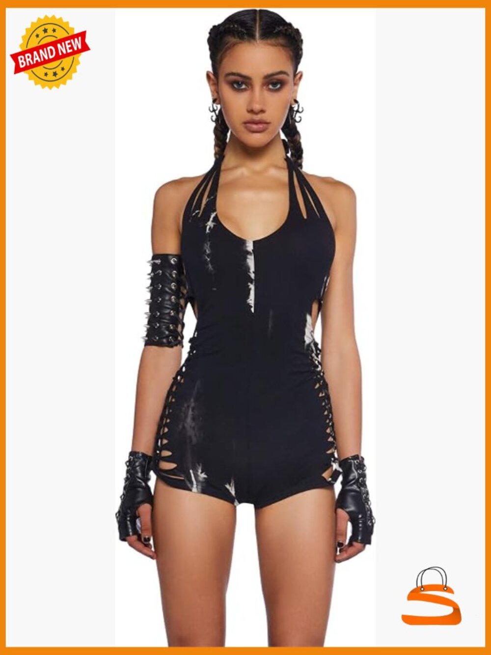 Shredded Tie Dye Halter Romper with Side Cutouts